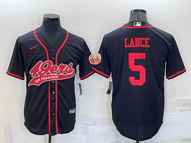 Men's San Francisco 49ers #5 Trey Lance Black Cool Base Stitched Baseball Jersey Men's San Francisco 49ers #5 Trey Lance Black Cool Base Stitched Baseball Jersey