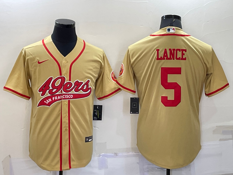 Men's San Francisco 49ers #5 Trey Lance Gold Cool Base Stitched Baseball Jersey Men's San Francisco 49ers #5 Trey Lance Gold Cool Base Stitched Baseball Jersey