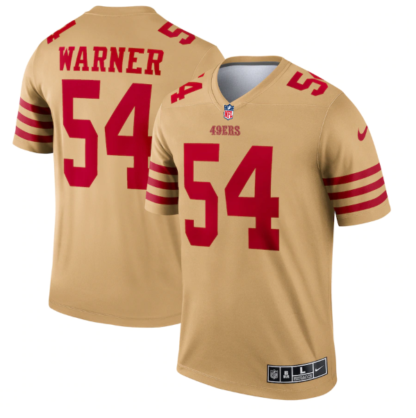 Men's San Francisco 49ers #54 Fred Warner 2022 New Gold Inverted Legend Stitched Football Jersey Men's San Francisco 49ers #54 Fred Warner 2022 New Gold Inverted Legend Stitched Football Jersey