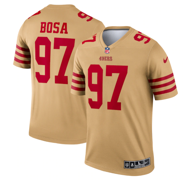 Men's San Francisco 49ers #97 Nick Bosa 2022 New Gold Inverted Legend Stitched Football Jersey Men's San Francisco 49ers #97 Nick Bosa 2022 New Gold Inverted Legend Stitched Football Jersey