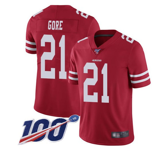 Men's San Francisco 49ers #21 Frank Gore Red White 100th Patch Stitched Jersey Men's San Francisco 49ers #21 Frank Gore Red White 100th Patch Stitched Jersey