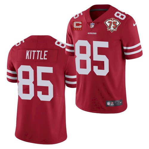 Men's San Francisco 49ers #85 George Kittle 2021 Red With C Patch 75th Anniversary Vapor Untouchable Limited Stitched Jerseys Men's San Francisco 49ers #85 George Kittle 2021 Red With C Patch 75th Anniversary Vapor Untouchable Limited Stitched Jerseys