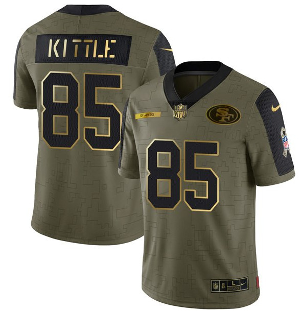 Men's San Francisco 49ers #85 George Kittle 2021 Olive Camo Salute To Service Golden Limited Stitched Jersey Men's San Francisco 49ers #85 George Kittle 2021 Olive Camo Salute To Service Golden Limited Stitched Jersey