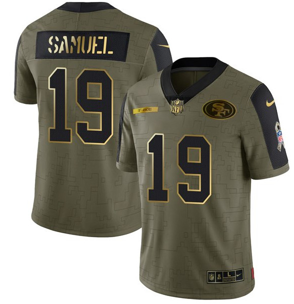Men's San Francisco 49ers #19 Deebo Samuel 2021 Olive Camo Salute To Service Golden Limited Stitched Jersey Men's San Francisco 49ers #19 Deebo Samuel 2021 Olive Camo Salute To Service Golden Limited Stitched Jersey