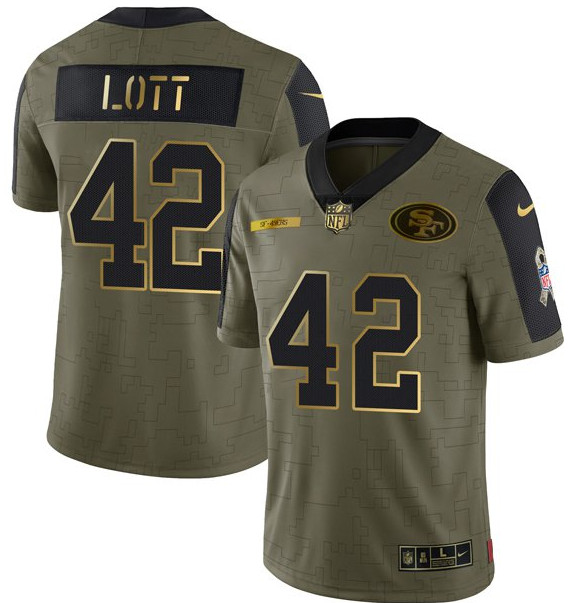 Men's San Francisco 49ers #42 Ronnie Lott 2021 Olive Camo Salute To Service Golden Limited Stitched Jersey Men's San Francisco 49ers #42 Ronnie Lott 2021 Olive Camo Salute To Service Golden Limited Stitched Jersey