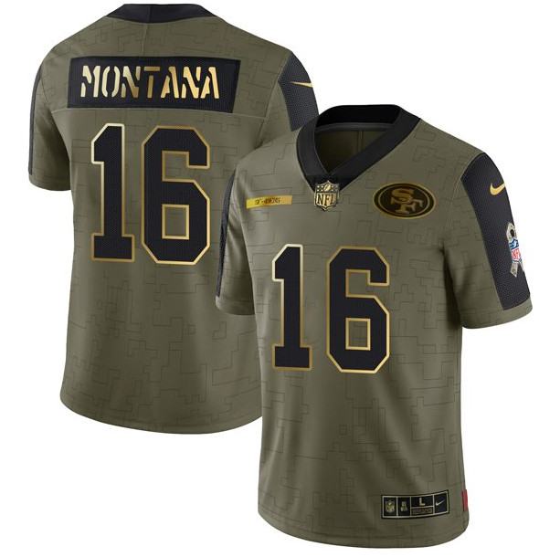 Men's San Francisco 49ers #16 Joe Montana 2021 Olive Camo Salute To Service Golden Limited Stitched Jersey Men's San Francisco 49ers #16 Joe Montana 2021 Olive Camo Salute To Service Golden Limited Stitched Jersey