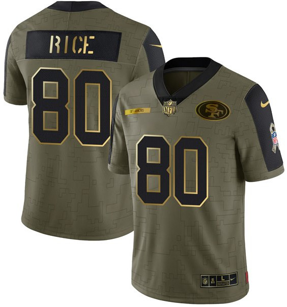 Men's San Francisco 49ers #80 Jerry Rice 2021 Olive Camo Salute To Service Golden Limited Stitched Jersey Men's San Francisco 49ers #80 Jerry Rice 2021 Olive Camo Salute To Service Golden Limited Stitched Jersey