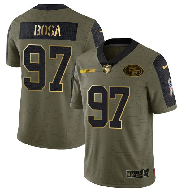Men's San Francisco 49ers #97 Nick Bosa 2021 Olive Camo Salute To Service Golden Limited Stitched Jersey Men's San Francisco 49ers #97 Nick Bosa 2021 Olive Camo Salute To Service Golden Limited Stitched Jersey