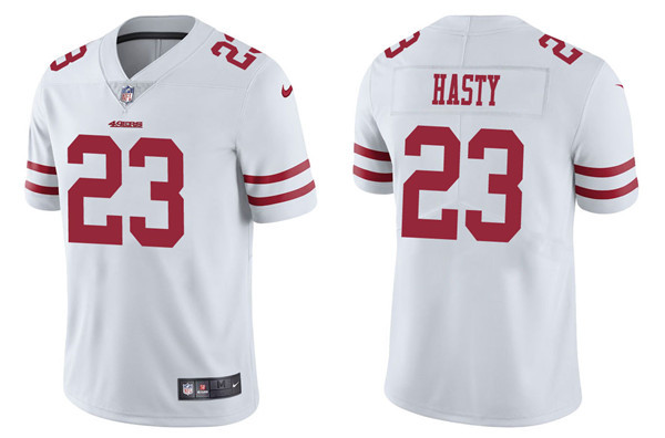 Men's San Francisco 49ers #23 JaMycal Hasty 2021 White Vapor Untouchable Limited Stitched Jersey Men's San Francisco 49ers #23 JaMycal Hasty 2021 White Vapor Untouchable Limited Stitched Jersey