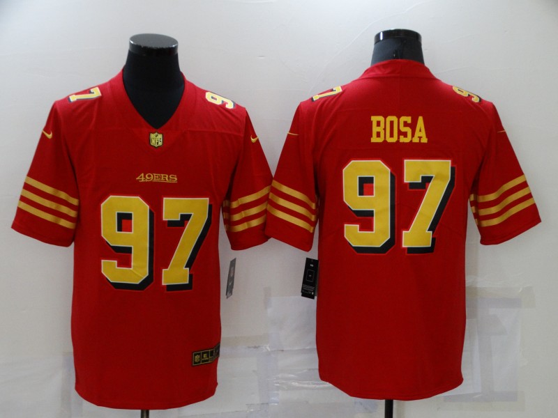 Men's San Francisco 49ers #97 Nick Bosa Red Gold 2021 Vapor Untouchable Stitched NFL Nike Limited Jersey Men's San Francisco 49ers #97 Nick Bosa Red Gold 2021 Vapor Untouchable Stitched NFL Nike Limited Jersey