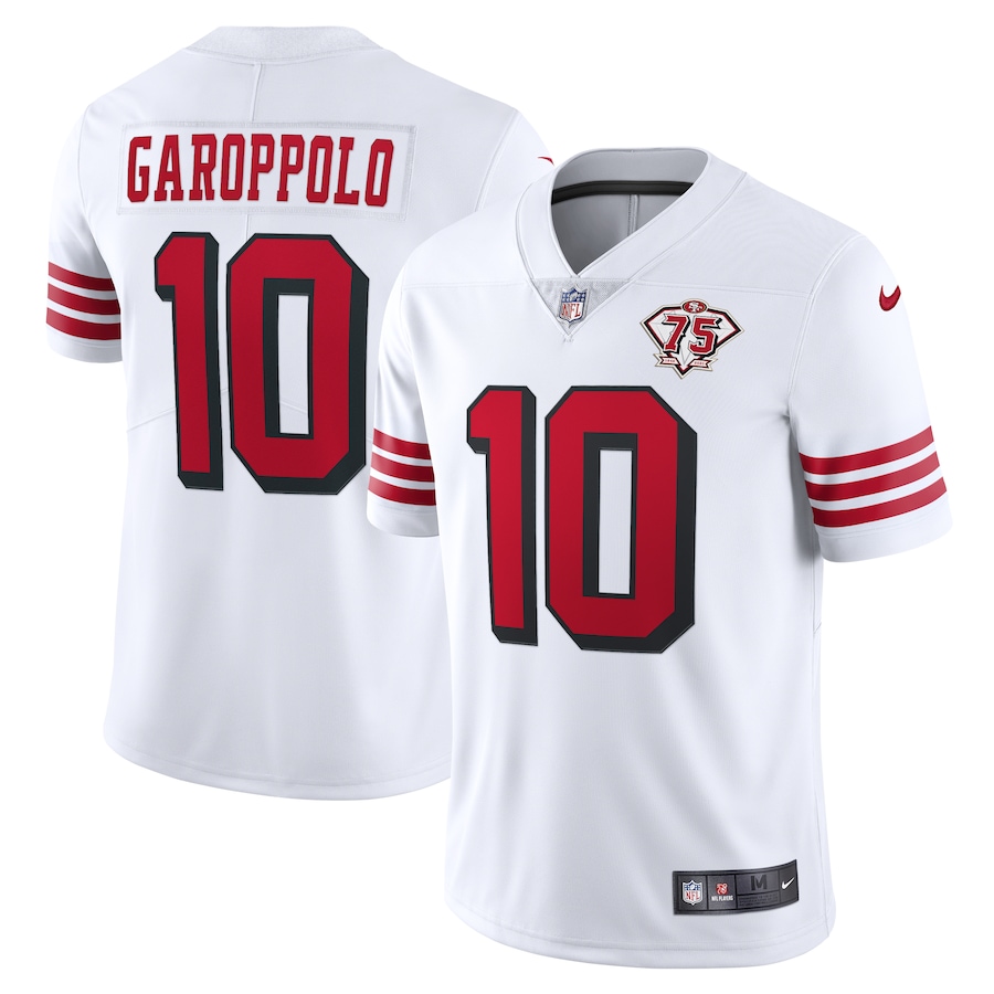 Nike 49ers #10 Jimmy Garoppolo White Rush Men's 75th Anniversary Stitched NFL Vapor Untouchable Limited Jersey Nike 49ers #10 Jimmy Garoppolo White Rush Men's 75th Anniversary Stitched NFL Vapor Untouchable Limited Jersey