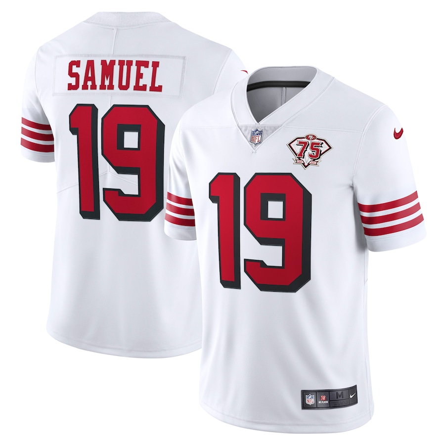 Nike 49ers #19 Deebo Samuel White Rush Men's 75th Anniversary Stitched NFL Vapor Untouchable Limited Jersey Nike 49ers #19 Deebo Samuel White Rush Men's 75th Anniversary Stitched NFL Vapor Untouchable Limited Jersey