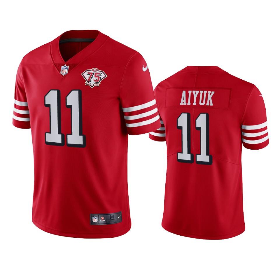 Nike 49ers #11 Brandon Aiyuk Red Rush Men's 75th Anniversary Stitched NFL Vapor Untouchable Limited Jersey Nike 49ers #11 Brandon Aiyuk Red Rush Men's 75th Anniversary Stitched NFL Vapor Untouchable Limited Jersey