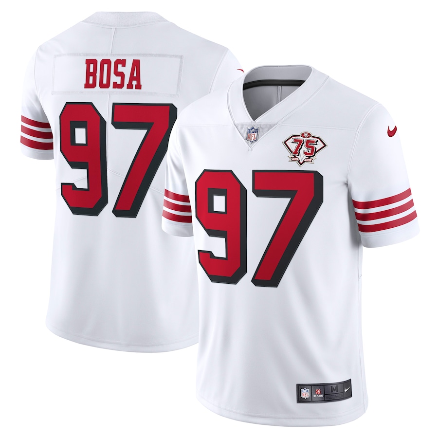 Nike 49ers #97 Nick Bosa White Rush Men's 75th Anniversary Stitched NFL Vapor Untouchable Limited Jersey Nike 49ers #97 Nick Bosa White Rush Men's 75th Anniversary Stitched NFL Vapor Untouchable Limited Jersey