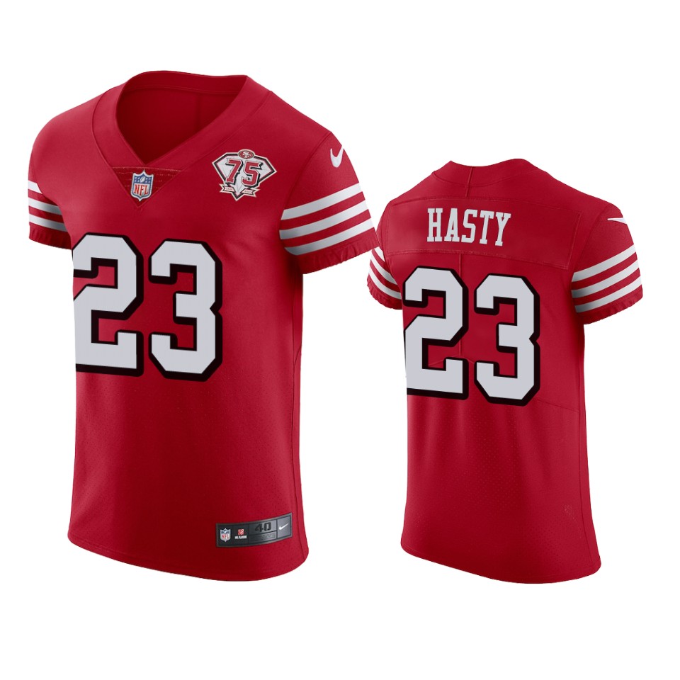 Nike 49ers #23 Jamycal Hasty Red Rush Men's 75th Anniversary Stitched NFL Vapor Untouchable Elite Jersey Nike 49ers #23 Jamycal Hasty Red Rush Men's 75th Anniversary Stitched NFL Vapor Untouchable Elite Jersey