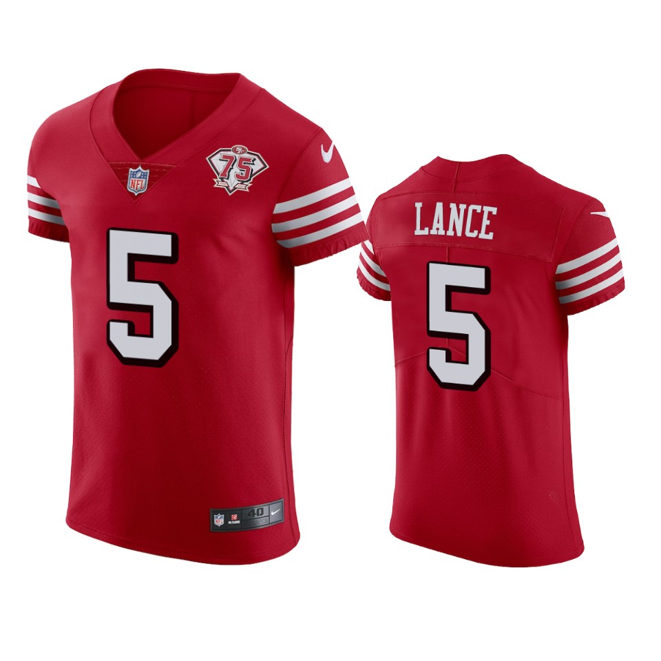 Nike 49ers #5 Trey Lance Red Rush Men's 75th Anniversary Stitched NFL Vapor Untouchable Elite Jersey Nike 49ers #5 Trey Lance Red Rush Men's 75th Anniversary Stitched NFL Vapor Untouchable Elite Jersey