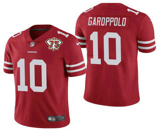 Men's San Francisco 49ers #10 Jimmy Garoppolo Red 75th Anniversary Patch 2021 Vapor Untouchable Stitched Nike Limited Jersey Men's San Francisco 49ers #10 Jimmy Garoppolo Red 75th Anniversary Patch 2021 Vapor Untouchable Stitched Nike Limited Jersey