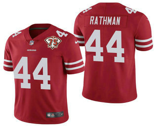 Men's San Francisco 49ers #44 Tom Rathman Red 75th Anniversary Patch 2021 Vapor Untouchable Stitched Nike Limited Jersey Men's San Francisco 49ers #44 Tom Rathman Red 75th Anniversary Patch 2021 Vapor Untouchable Stitched Nike Limited Jersey