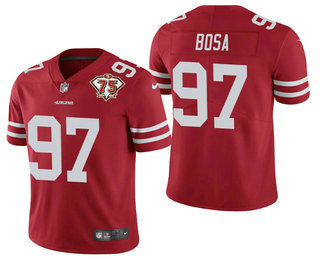 Men's San Francisco 49ers #97 Nick Bosa Red 75th Anniversary Patch 2021 Vapor Untouchable Stitched Nike Limited Jersey Men's San Francisco 49ers #97 Nick Bosa Red 75th Anniversary Patch 2021 Vapor Untouchable Stitched Nike Limited Jersey