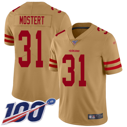 Nike 49ers #31 Raheem Mostert Gold Men's Stitched NFL Limited Inverted Legend 100th Season Jersey Nike 49ers #31 Raheem Mostert Gold Men's Stitched NFL Limited Inverted Legend 100th Season Jersey