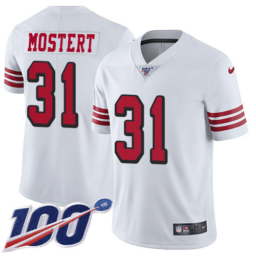 Nike 49ers #31 Raheem Mostert White Men's Stitched NFL Limited Rush 100th Season Jersey Nike 49ers #31 Raheem Mostert White Men's Stitched NFL Limited Rush 100th Season Jersey