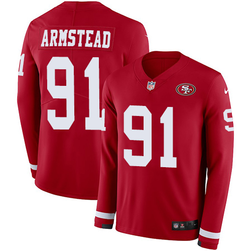 Nike 49ers #91 Arik Armstead Red Team Color Men's Stitched NFL Limited Therma Long Sleeve Jersey Nike 49ers #91 Arik Armstead Red Team Color Men's Stitched NFL Limited Therma Long Sleeve Jersey