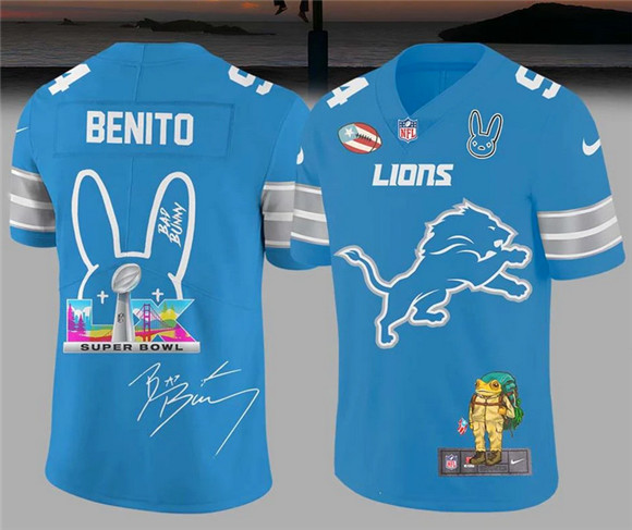 Men's Detroit Lions Blue Bad Bunny Super Bowl Football Jersey Men's Detroit Lions Blue Bad Bunny Super Bowl Football Jersey