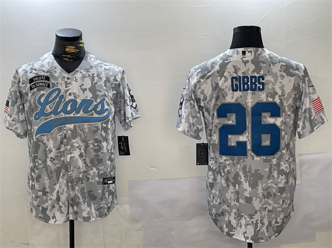 Men's Detroit Lions #26 Jahmyr Gibbs 2024 Arctic Camo Salute To Service Stitched Baseball Jersey Men's Detroit Lions #26 Jahmyr Gibbs 2024 Arctic Camo Salute To Service Stitched Baseball Jersey