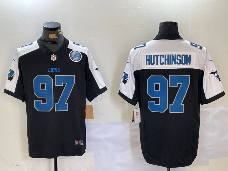 Men's Detroit Lions #97 Aidan Hutchinson Black White F.U.S.E. 2024 Michigan Patch Vapor Limited Stitched Jersey 1 Men's Detroit Lions #97 Aidan Hutchinson Black White F.U.S.E. 2024 Michigan Patch Vapor Limited Stitched Jersey 1