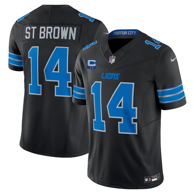 Men's Detroit Lions #14 Amon-Ra St. Brown Black 2024 F.U.S.E. With 2-Star C Patch 2nd Alternate Vapor Limited Stitched Jersey Men's Detroit Lions #14 Amon-Ra St. Brown Black 2024 F.U.S.E. With 2-Star C Patch 2nd Alternate Vapor Limited Stitched Jersey