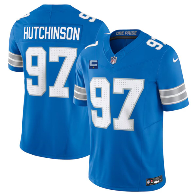 Men's Detroit Lions #97 Aidan Hutchinson Blue 2024 F.U.S.E. With 1-Star C Patch Vapor Limited Stitched Jersey Men's Detroit Lions #97 Aidan Hutchinson Blue 2024 F.U.S.E. With 1-Star C Patch Vapor Limited Stitched Jersey