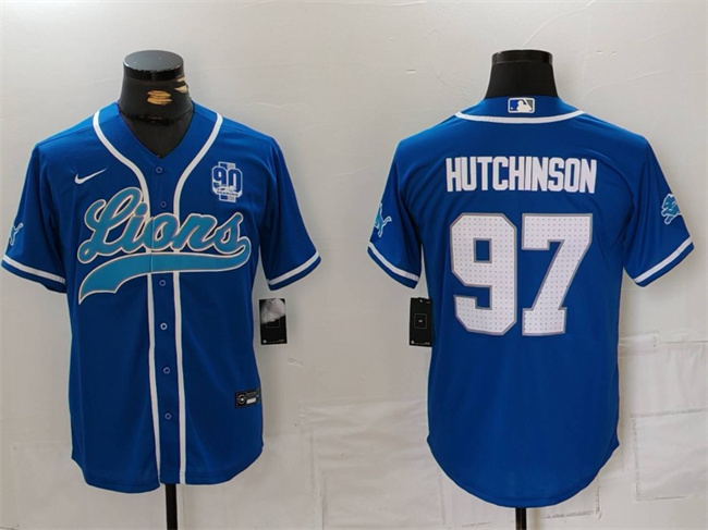 Men's Detroit Lions #97 Aidan Hutchinson Blue With 90th Anniversary Patch Cool Base Stitched Baseball Jersey Men's Detroit Lions #97 Aidan Hutchinson Blue With 90th Anniversary Patch Cool Base Stitched Baseball Jersey