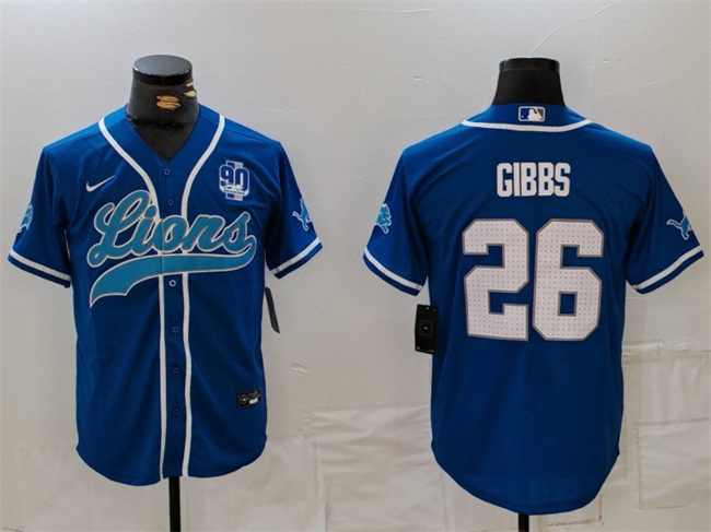 Men's Detroit Lions #26 Jahmyr Gibbs Blue With 90th Anniversary Patch Cool Base Stitched Baseball Jersey Men's Detroit Lions #26 Jahmyr Gibbs Blue With 90th Anniversary Patch Cool Base Stitched Baseball Jersey