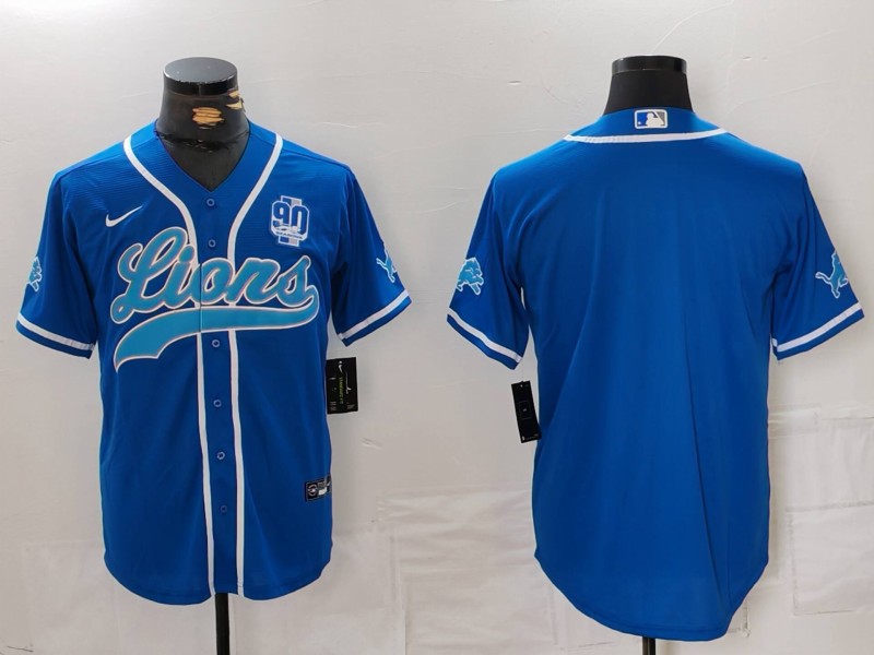 Men's Detroit Lions Blank Blue With 90th Anniversary Patch Cool Base Stitched Baseball Jersey Men's Detroit Lions Blank Blue With 90th Anniversary Patch Cool Base Stitched Baseball Jersey