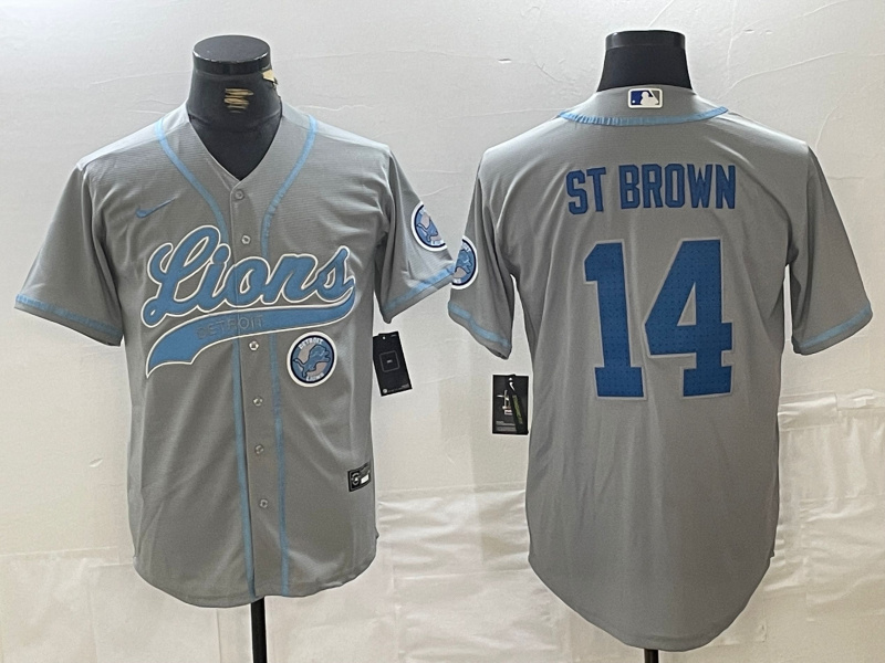 Men's Detroit Lions #14 Amon-Ra St. Brown Grey Cool Base Stitched Baseball Jersey 3 Men's Detroit Lions #14 Amon-Ra St. Brown Grey Cool Base Stitched Baseball Jersey 3