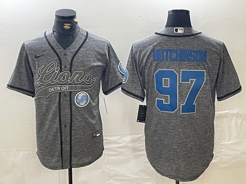 Men's Detroit Lions #97 Aidan Hutchinson Grey Cool Base Stitched Baseball Jersey 3 Men's Detroit Lions #97 Aidan Hutchinson Grey Cool Base Stitched Baseball Jersey 3