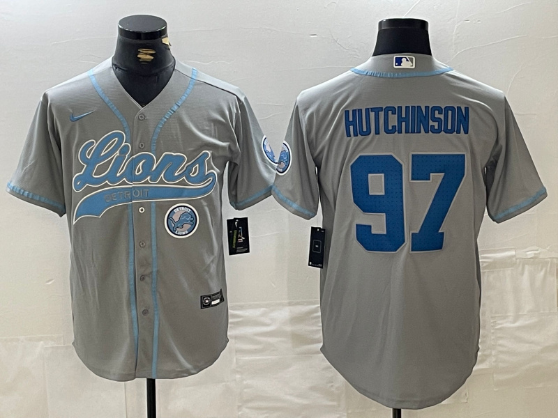 Men's Detroit Lions #97 Aidan Hutchinson Grey Cool Base Stitched Baseball Jersey 2 Men's Detroit Lions #97 Aidan Hutchinson Grey Cool Base Stitched Baseball Jersey 2
