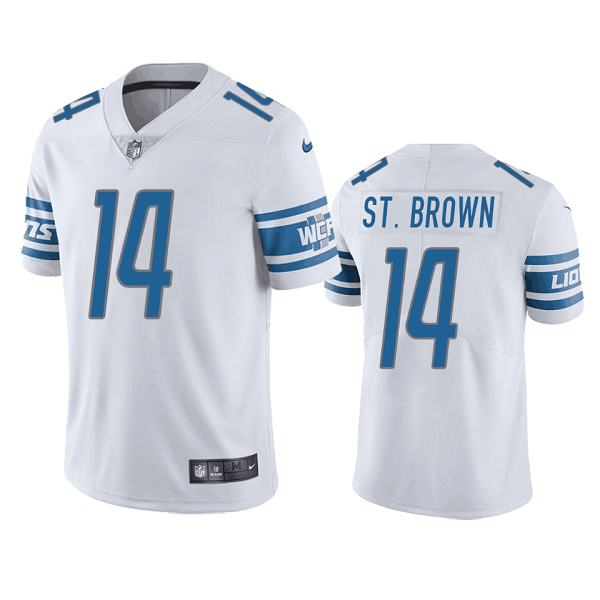 Men's Detroit Lions #14 Mon-Ra St. Brown White Vapor Untouchable Limited Stitched Jersey Men's Detroit Lions #14 Mon-Ra St. Brown White Vapor Untouchable Limited Stitched Jersey