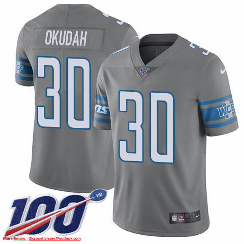 Nike Lions #30 Jeff Okudah Gray Men's Stitched NFL Limited Rush 100th Season Jersey