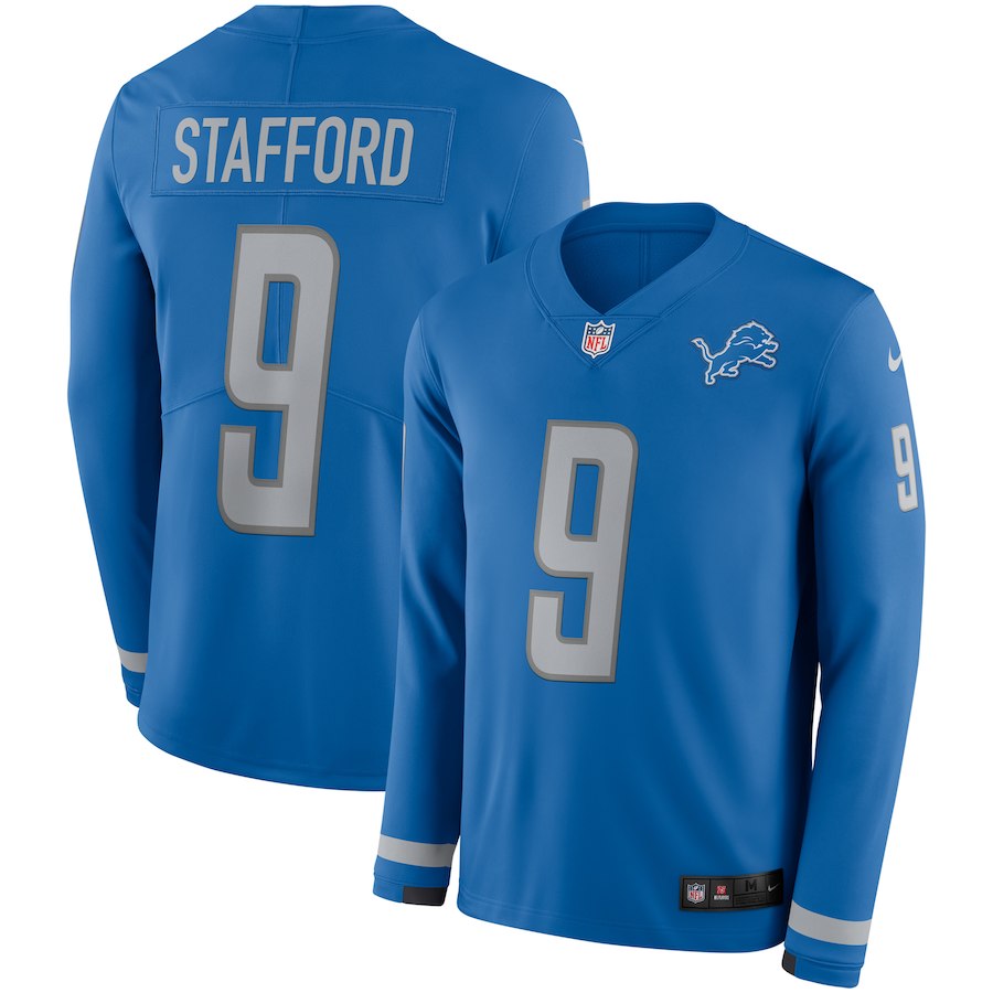 Men's Lions #9 Matthew Stafford Blue Team Color Men's Stitched NFL Limited Therma Long Sleeve Jersey Men's Lions #9 Matthew Stafford Blue Team Color Men's Stitched NFL Limited Therma Long Sleeve Jersey