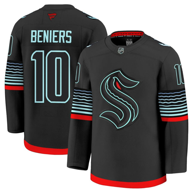 Men's Seattle Kraken #10 Matty Beniers Black Alternate Stitched Hockey Jersey Men's Seattle Kraken #10 Matty Beniers Black Alternate Stitched Hockey Jersey