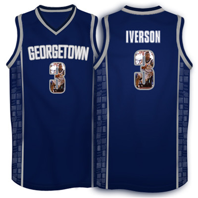 Georgetown Hoyas 3 Allen Iverson Navy 1996 Throwback With Portrait Print College Basketball Jersey3