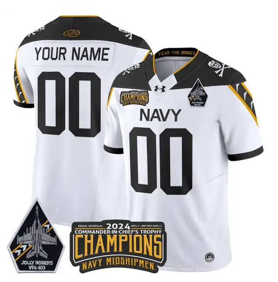 Men's Navy Midshipmen Active Player Custom White Black 2024 F.U.S.E. Champions Patch And Jolly Rogers VFA-103 Horvath Patch Stitched Football Jersey