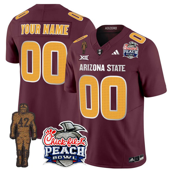 Men's Arizona State Sun Devils Active Player Custom Maroon 2025 F.U.S.E. Pat Tillman & Peach Bowl Patch Vapor Limited Stitched Jersey