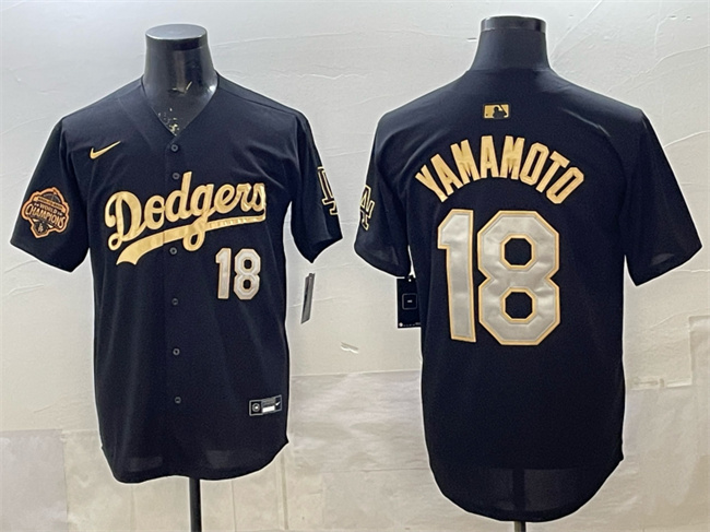 Men's Los Angeles Dodgers #18 Yoshinobu Yamamoto Black Gold 2025 Back to Back Champions Patch Limited Stitched ebjerseys.com Baseball Jersey