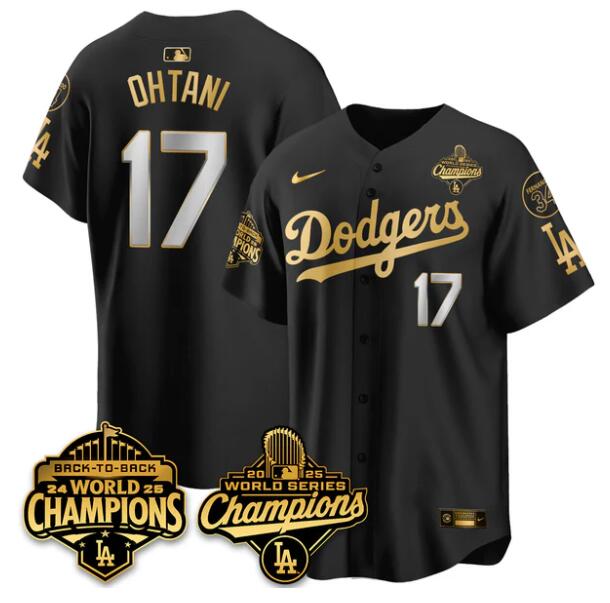 Men's Los Angeles Dodgers #17 Shohei Ohtani Black Gold 2025 World Series Champions & Back to Back Champions With No.34 Patch Limited Stitched Baseball Jersey