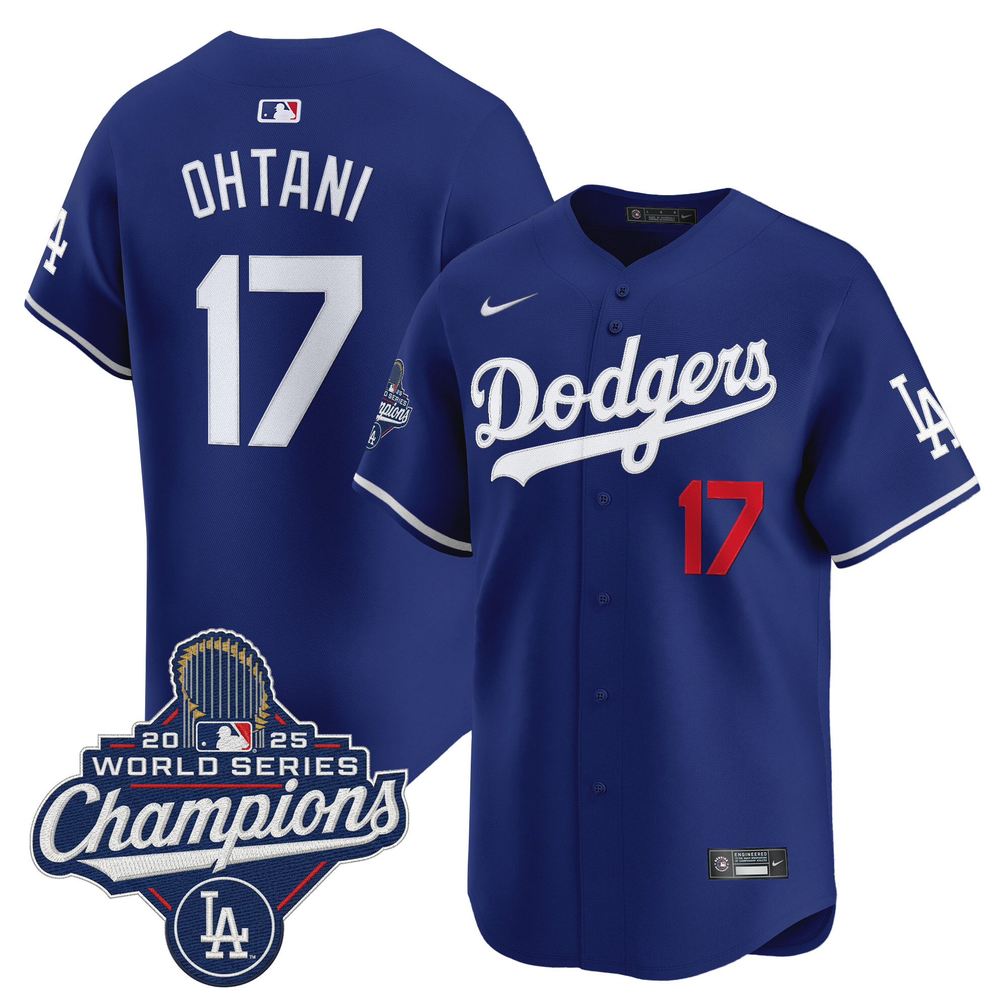 Men's Los Angeles Dodgers #17 Shohei Ohtani Blue 2025 World Series Champions Stitched Baseball Jersey