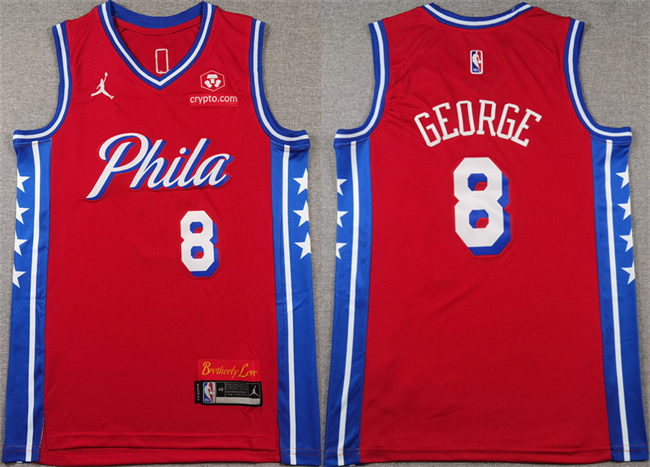 Men's Philadelphia 76ers #8 Paul George Red Statement Edition Stitched Jersey Men's Philadelphia 76ers #8 Paul George Red Statement Edition Stitched Jersey