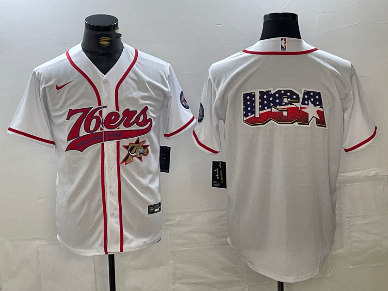 Men's Philadelphia 76ers Blank White Cool Base Stitched Baseball Jersey Men's Philadelphia 76ers Blank White Cool Base Stitched Baseball Jersey