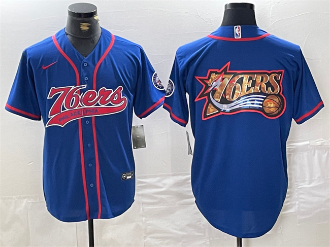 Men's Philadelphia 76ers Team Big Logo Royal Cool Base Stitched Baseball Jersey Men's Philadelphia 76ers Team Big Logo Royal Cool Base Stitched Baseball Jersey